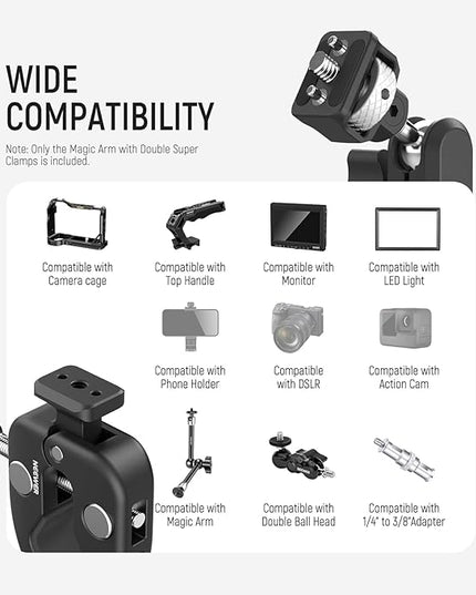 NEEWER Double Super Clamp Camera Mount with Magic Arm, NATO Interface, Cold Shoes, 1/4" Locating Holes for ARRI, Desk Studio Photography Light Stand Pole Cross Bar Umbrella Holder Clamp Mount, UA060
