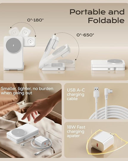 3 in 1 Magnetic Charging Station, 15W Fast Wireless Charger Compatible with MagSafe Charger Stand for iPhone 17 16 15 14 13 12, Apple Watch Charger & AirPods, Foldable Travel Charging Dock, White