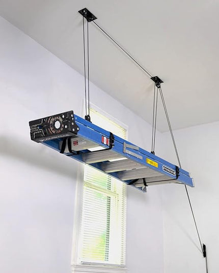 StoreYourBoard Ladder Storage Ceiling Pulley System, Garage Mount Hoist, Heavy Duty Hanging Organizer Holds 150 lbs