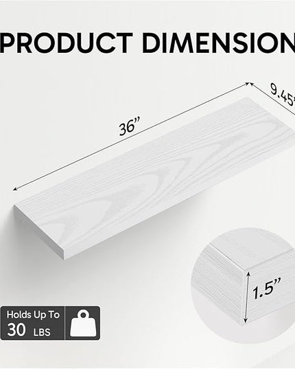 BAYKA Floating Shelves for Wall, 36 inches Long Wall Mounted Rustic Wood Shelves for Bathroom, Bedroom, Living Room, Kitchen, Office, Hanging Shelf for Books/Storage/Decor(White,Set of 2)
