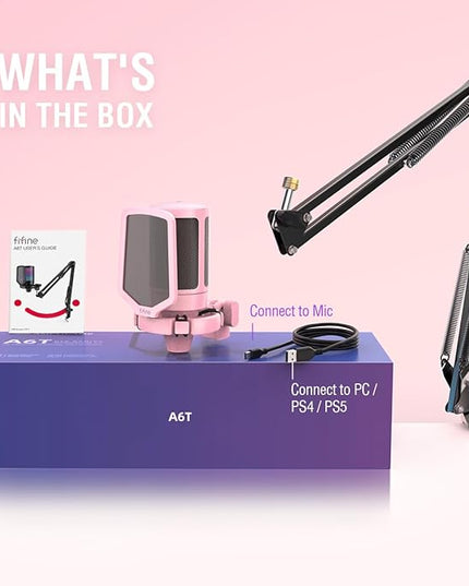FIFINE Gaming USB Microphone Kit, PC Streaming Recording Computer RGB Microphone Set for Podcasting, Singing, YouTube, Condenser Cardioid Mic with Quick Mute, Gain Knob-A6T Pink