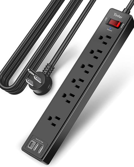 10 Ft Power Strip Surge Protector - Yintar Extension Cord with 6 AC Outlets and 3 USB Ports for Home, Office, Dorm Essentials, 1680 Joules, ETL Listed, Black