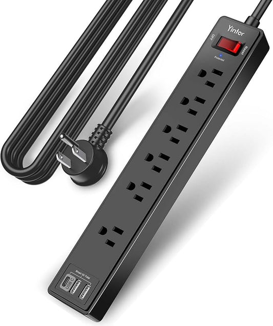 10 Ft Power Strip Surge Protector - Yintar Extension Cord with 6 AC Outlets and 3 USB Ports for Home, Office, Dorm Essentials, 1680 Joules, ETL Listed, Black
