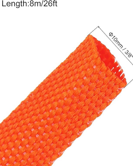MECCANIXITY Braided Cable Sleeves Heat Shrinkable Fabric Sleeving, 3/8" 26ft Orange 2:1 Ratio Heat Shrinkable Cord Protector for Harness Cable, Network Cable Protection, Cable Management