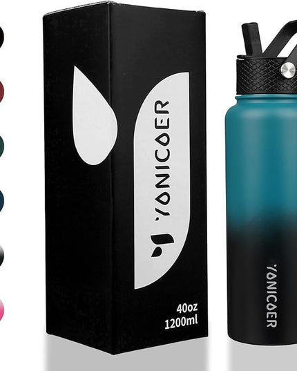 Insulated Water Bottle 40oz,Triple Wall Vacuum Stainless Steel(Dishwasher Safe),Leak Proof & Non-BPA,Flask Jug with Paracord Handle & Straw Spout Lids Sports Gradient indigo blue/black