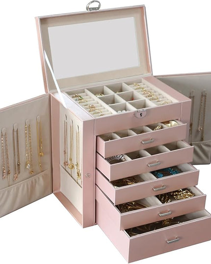 BOOVO Jewelry Box For women, 6 Layer Large Jewelry Organizer With Mirror, Multi-Function Storage Box With Lock, Accessory Holder With 5 Drawers, For Earrings Necklace Ring Bracelet (Rose Gold)