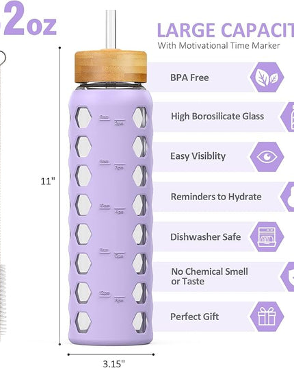 MUKOKO 32oz Glass Water Bottles with 2 Lids-Handle Spout Lid&Bamboo Straw Lid, Motivational Water Tumbler with Time Marker Reminder and Silicone Sleeve, Leakproof-Purple-1 Pack