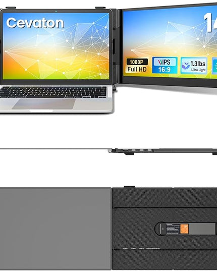 Cevaton Laptop Screen Extender, 14" Ultra-Slim & Lightweight Portable Monitor for 13"-17" Laptops, 1080P FHD Dual Monitor, One Cable Connection, Compatible with Wins/Mac/Android/Linux/Chrome (Grey)