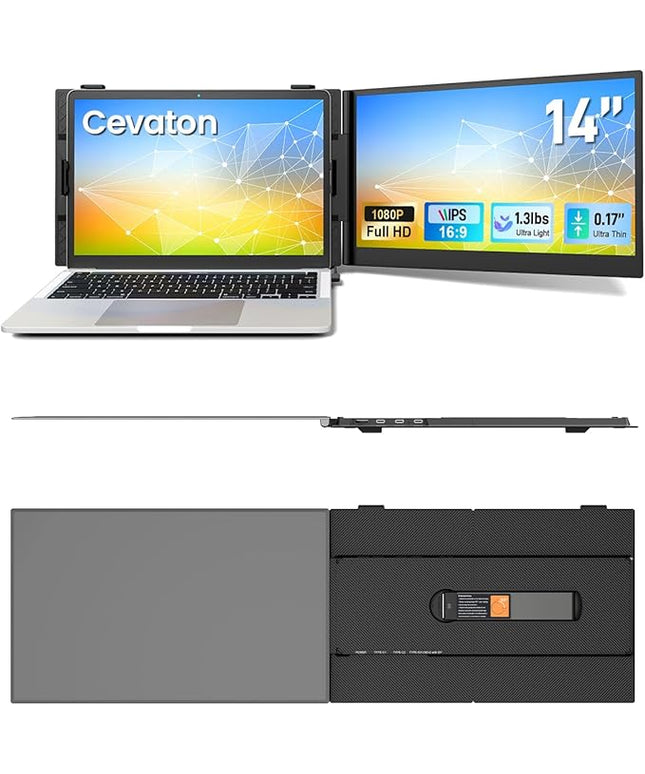 Cevaton Laptop Screen Extender, 14" Ultra-Slim & Lightweight Portable Monitor for 13"-17" Laptops, 1080P FHD Dual Monitor, One Cable Connection, Compatible with Wins/Mac/Android/Linux/Chrome (Grey)