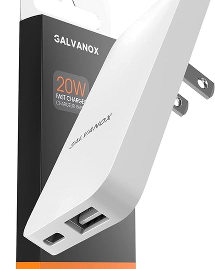 Type C Flat Wall Charger, Galvanox Ultra Slim (Multi-Port Power Adapter) for iPhone 13/14/15/16 iPhone 17 Pro/Max and Samsung Galaxy Models, 20W Fast Charging Outlet Plug (Dual USB-C USB-A)