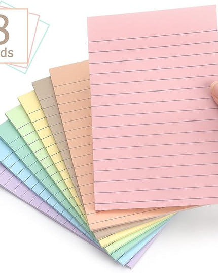 4x6 Inch Lined Sticky Notes, 8 Pack, Light Colors, Premium Self-Adhesive Notepads, Large Sticky Pads for Office, School & Home Use, Easy to Use, Reusable & Removable