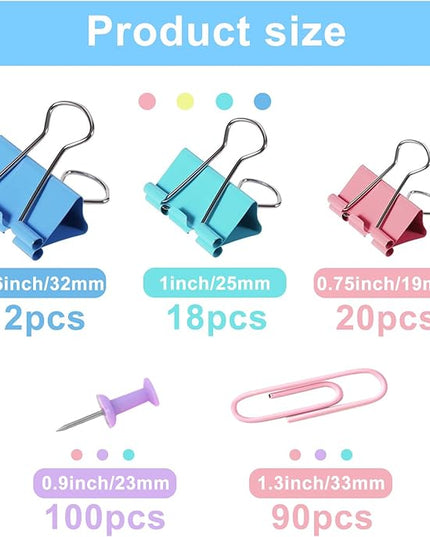 Paper Clips and Binder Clips Assorted Sizes, 240 PCS Colored Office Clips Set Large Medium Small Paper Clamps Paperclips Push Pin Thumb Tacks, College Supplies Home Office Supplies Document Organizing