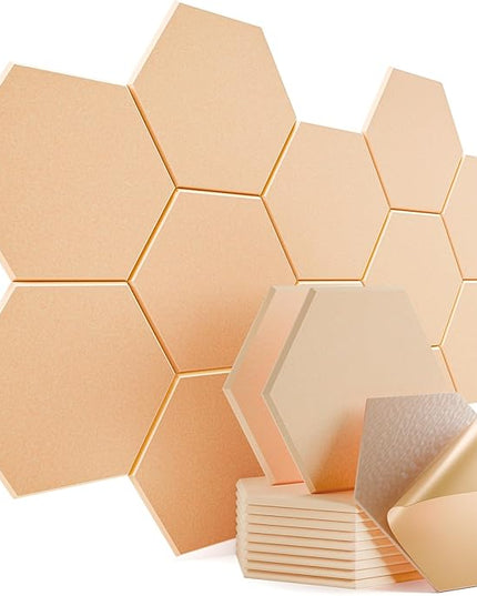 12 Pack Self-Adhesive Acoustic Panels 12" X 10" X 0.4" - Sound Proof Foam Panels with High Density, Hexagonal Design, Flame Resistant, Absorb Noise and Eliminate Echoes(Light Apricot)