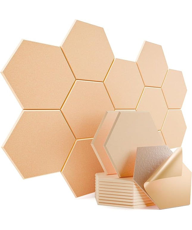 12 Pack Self-Adhesive Acoustic Panels 12" X 10" X 0.4" - Sound Proof Foam Panels with High Density, Hexagonal Design, Flame Resistant, Absorb Noise and Eliminate Echoes(Light Apricot)