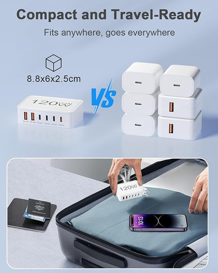 Otovoda 120W USB C Charger Block, 6 Port USB Charging Station for Multiple Devices, 5FT Desktop Multi Charging Hub Compatible with iPhone Samsung ipad, for Travel Home Office