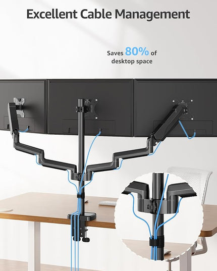 MOUNTUP Triple Monitor Stand Mount - 3 Monitors Desk Mount for Computer Screens Up to 27 inch, Triple Monitor Arm, Heavy Duty Monitors Stand, Each Arm Holds 4.4-19.8 lbs, Black