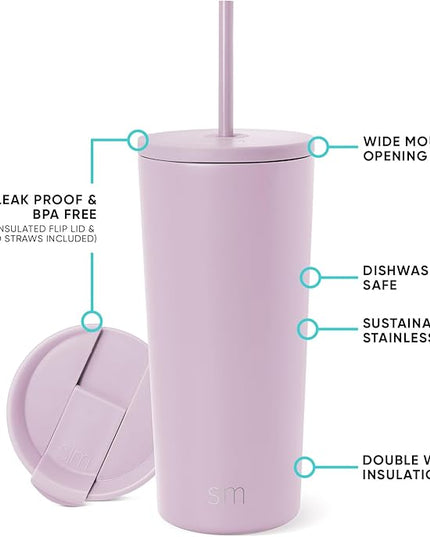 Simple Modern Insulated Tumbler with Lid and Straw | Iced Coffee Cup Reusable Stainless Steel Water Bottle Travel Mug | Gifts for Women Men Her Him | Classic Collection | 20oz | Lavender Mist