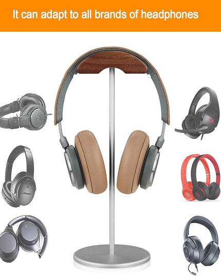 Headphone Stand, Aluminum and Wood Headphone Holder for Over Ear & On Ear Headsets – Heavy Duty Base Gaming Headset Stand with Non-Slip Pad, Desk Organizer for Home Office Studio Use (Silver)