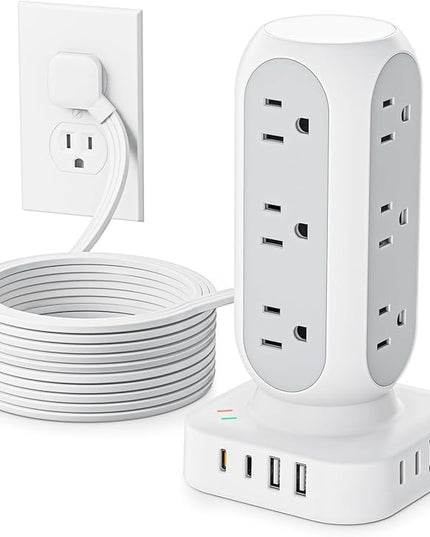 Flat Plug Power Strip Tower 10FT, 40W Total Fast Charging Station, Dual PD 20W USB-C Surge Protector with 12 AC Outlets and 8 USB Ports (4 USB C), Long Extension Cord for Home Office Dorm Room