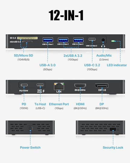 ZIUMIER USB C Docking Station Dual Monitor, 12 in 1 Laptop Docking Station - Single 8K or Dual 4K Displays, 1 HDMI, 1 DP, 100W PD, 3x10Gbps USB-A/C Data, 5Gbps USB-A Data, Ethernet, Audio, SD/Micro SD