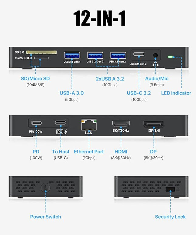 ZIUMIER USB C Docking Station Dual Monitor, 12 in 1 Laptop Docking Station - Single 8K or Dual 4K Displays, 1 HDMI, 1 DP, 100W PD, 3x10Gbps USB-A/C Data, 5Gbps USB-A Data, Ethernet, Audio, SD/Micro SD