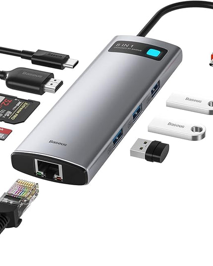 Baseus 8-in-1 USB C Hub Docking Station, USB C Adapter with 4K HDMI, 3 USB 3.0, TF/SD Reader, Ethernet, 100W Power Delivery Compatible with MacBook, Surface, iPad, Steam Deck or Other Type C Devices