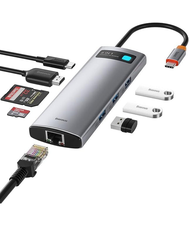 Baseus 8-in-1 USB C Hub Docking Station, USB C Adapter with 4K HDMI, 3 USB 3.0, TF/SD Reader, Ethernet, 100W Power Delivery Compatible with MacBook, Surface, iPad, Steam Deck or Other Type C Devices