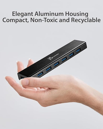 j5create 7-Port Powered USB 3.0 Data Hub with 3.3 ft Extended Cable [20W Power Adapter Included] for Mac, MacBook, Windows, Laptop, Surface, XPS, PC (JUH377)