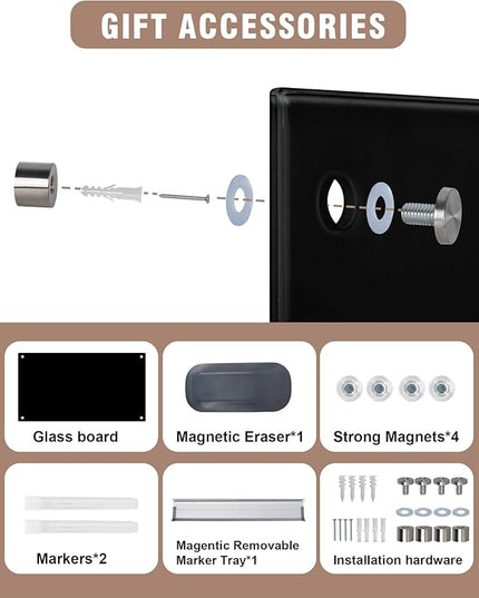 Mifuro Magnetic Glass Whiteboard，48"x36" Wall Mounted Frameless Dry Erase Board for Office, Home & School Black