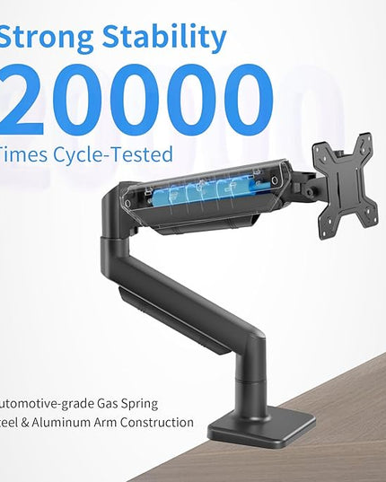 Single Monitor Stand for 13 to 32 inch Screens, Gas Spring Monitor Arm with Swivel, Tilt, Rotation, Height Adjustable, Desk Mount with C-Clamp and Grommet Base, Holds 4.4 to 19.8lbs Screen, Black