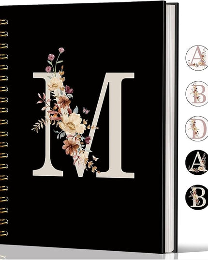 Lacama Cute Initial Letter M School Notebook Journal, Aesthetic Wildflower Personalized Black Spiral Notebook, School Supplies, Customized Monogrammed Gifts, Birthday Gifts for Women, Office Supplies