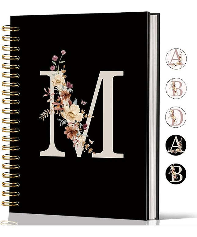 Lacama Cute Initial Letter M School Notebook Journal, Aesthetic Wildflower Personalized Black Spiral Notebook, School Supplies, Customized Monogrammed Gifts, Birthday Gifts for Women, Office Supplies