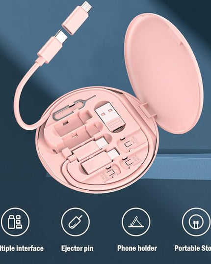 Multi USB C Adapter Kit, Charging Cable Case USB C to Type C/Micro/USB A Converter Contains Card Storage,Phone Holder, Tray Eject Pin for Traveling(Pink)