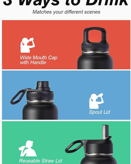 Water Bottle 32 oz Insulated with Straw, Coolflask Stainless Steel Metal 3 Lids Water Flask Wide Mouth for Sports or Office, Non-BPA Keep Cold Up to 48 Hrs or Hot Up to 24 Hrs, Magic Black