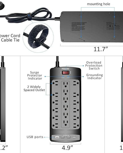 18 Outlets Surge Protector Power Strip - 20 Feet Flat Plug Heavy Duty Extension Cord with 18 Widely Outlets and 4 USB Ports, 2100 Joules, Black, ETL Listed