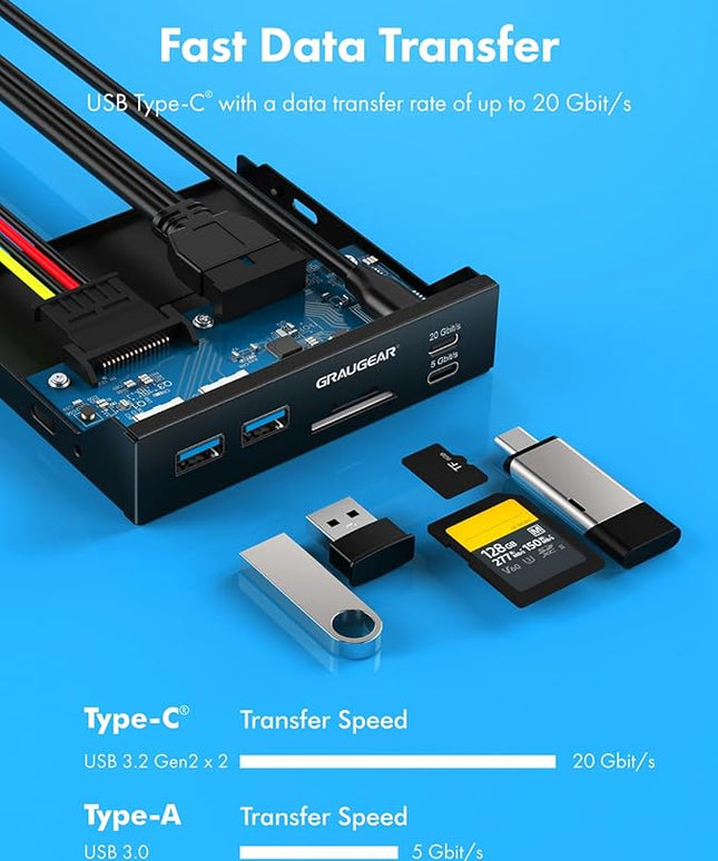 GRAUGEAR 3.5 Inch Front Panel USB C Hub, SD/microSD Internal Card Reader, 20Gbps USB 3.2 Gen 2x2, USB3.2 Type-E Key-A 20-Pin Header & USB3.0 Header & 15-Pin SATA Power Connector Required [G-MP01CR]