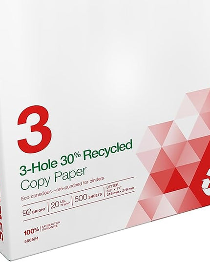 Staples Recycled 8.5 x 11-Inch, 3-Hole Punched Copy Paper 20 lb 92B 500/RM 10 RM/CT