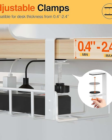 3 Pack Cable Management Under Desk Tray, 47.1" No Drill Under Desk Wire Management with Upgraded Clamp, Metal Cord Organizers with Cable Organizers, PC Cord Organization Rack, White