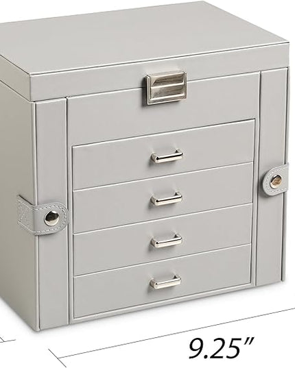 Frebeauty 5-layer Jewelry Box,Faux Leather Jewelry Organizer with 4 Drawers,Jewelry Organizers and Storage with Mirror,Jewelry Holder Organizer for Necklace,Jewerly Boxes for Women Girls(Grey)