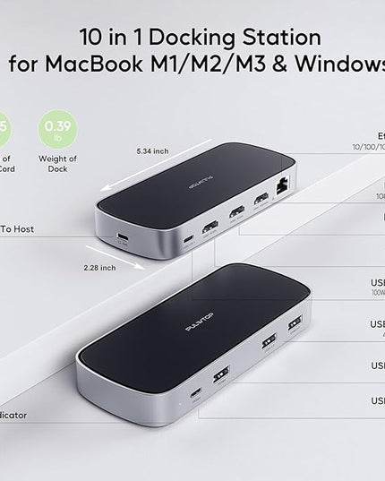 3 HDMI Triple USB C Docking Station, PULWTOP Laptop Docking Station Dual 4K Display for MacBook M1/M2/M3/Windows, Universal USB C Dock with Power Adapter, PD, 10Gbps USBC/A Data,2 USB-A 2.0, Ethernet