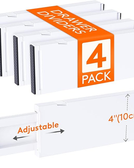 Lifewit 4 Pack Drawer Divider 4" High,11-17" Drawer Dividers for Clothes, Adjustable Clothing Drawer Organizers, Expandable White Dresser Drawer Separators for Bedroom, Bathroom, Vanity, Office