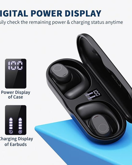 PSIER Open Ear Headphones, Bluetooth 5.3 Wireless Sports Headphones with Digital Display Charging Case 40 Hours Playtime True Earbuds with Earhooks for Running, Walking, Workout