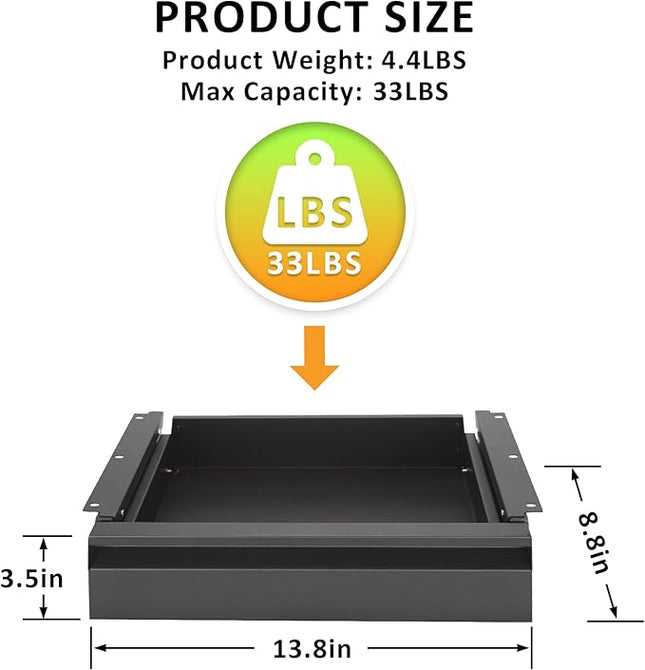 POPMOON Under Desk Drawer For Desk 13.8 * 8.8 * 3.5 in, Pull out Storage Organizer with Slide Extension Mounted Under Flat Wooden Table or Workbench, Carbon Steel Hidden Desk Drawer