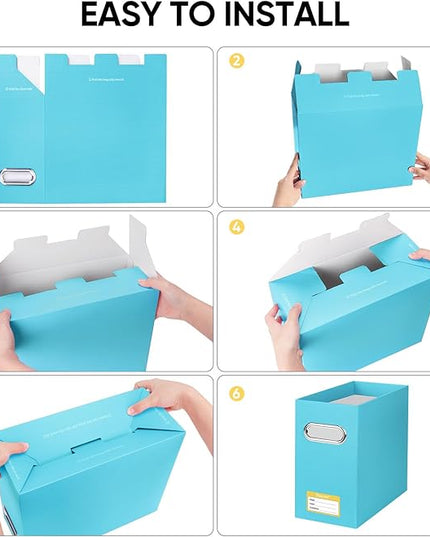 BALEINE File Organizer Box, Cardboard File Folder Organizer with Handle for Letter Size, Portable Collapsible Hanging Filing Box for Home Office Document Storage (4 Pack, Blue)