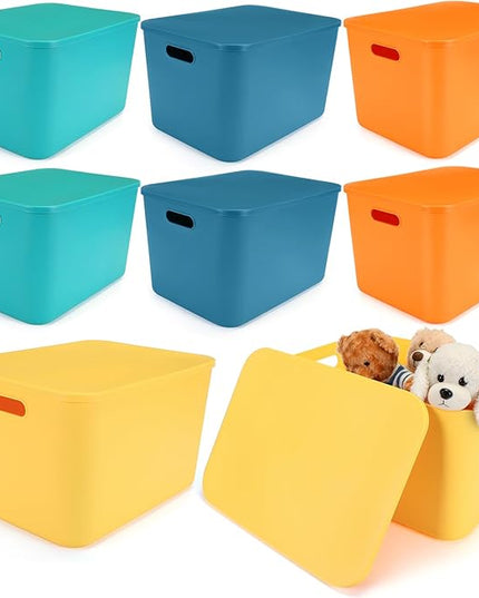 Hoolerry 8 Pieces Colorful Storage Bins with Lid, Plastic Storage Basket Organizing Container Stackable Box with Handle for Shelves Desktop Playroom Office(16.1 x 12.0 x 9.7 Inch,Multi-colored)