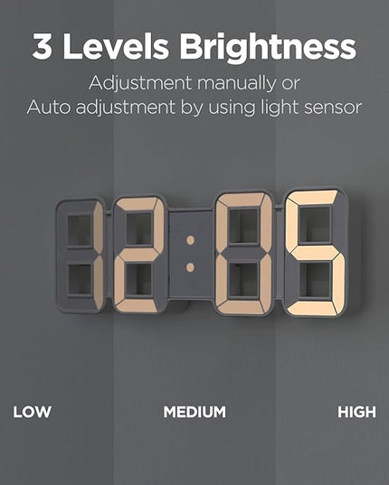 mooas 3D Pure mini White Gold LED Clock, Multi-Function LED Clock (Calendar, Alarm, Temperature) (8.5" White Gold Table Alarm Clock)