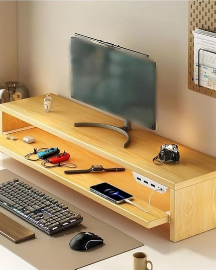 Wooden Monitor Stand Riser with Charging Ports, Dual-Layer Computer Stand, MDF Desktop Organizer for Computer, Laptop, Printer, TV, Easy Assembly Monitor Shelf of Desk(Khaki,80x20x15cm)