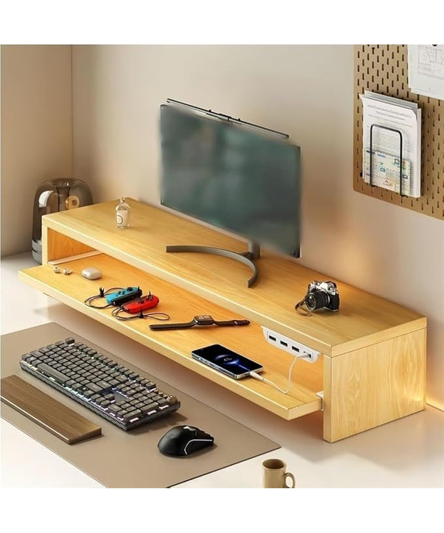 Wooden Monitor Stand Riser with Charging Ports, Dual-Layer Computer Stand, MDF Desktop Organizer for Computer, Laptop, Printer, TV, Easy Assembly Monitor Shelf of Desk(Khaki,80x20x15cm)