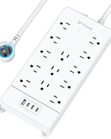 TROND 360° Rotating Flat Plug, Surge Protector Power Strip, 13AC Widely Spaced Outlets Expansion with 3 USB C Ports, 4000J, 5ft Extension Cord Heavy Duty, Wall Mount, Under Desk, ETL Listed, White