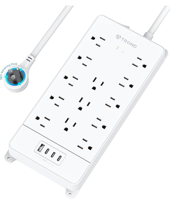 TROND 360° Rotating Flat Plug, Surge Protector Power Strip, 13AC Widely Spaced Outlets Expansion with 3 USB C Ports, 4000J, 5ft Extension Cord Heavy Duty, Wall Mount, Under Desk, ETL Listed, White